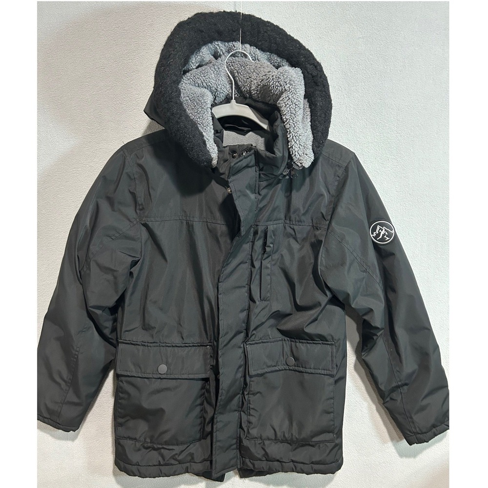 Black Hooded Parka Men L 10/12 Jacket Fleece Lined Removable Hood Puffer Warm